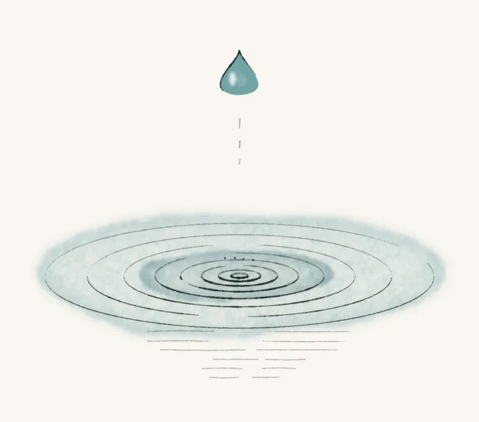 Watercolor of a teal droplet falling onto still water with concentric rings