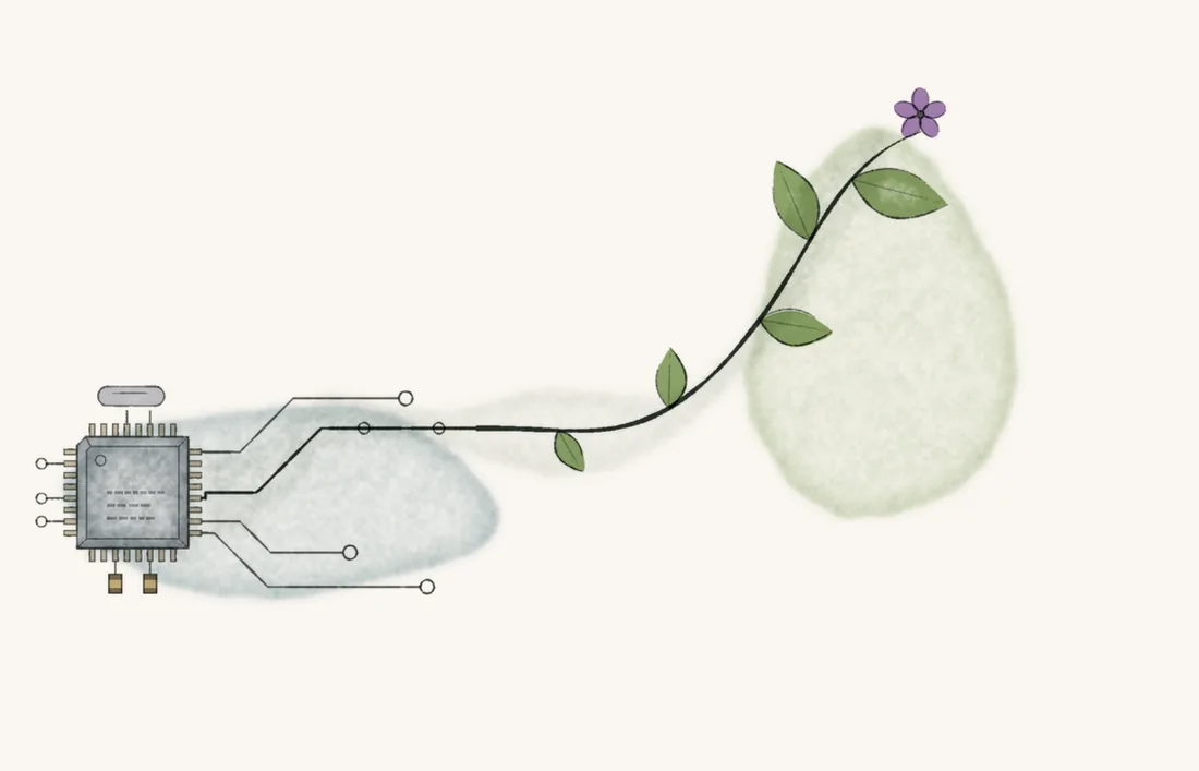 Watercolor of a circuit board chip whose trace grows into a flowering vine