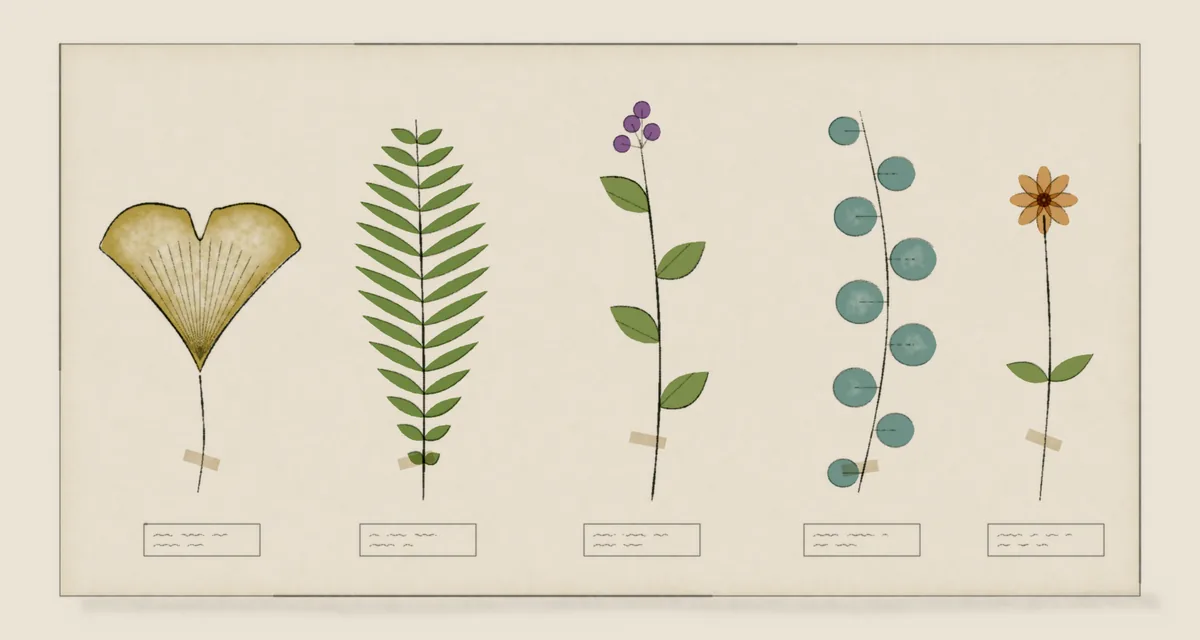 Watercolor of a herbarium sheet with several different pressed specimens, each labelled