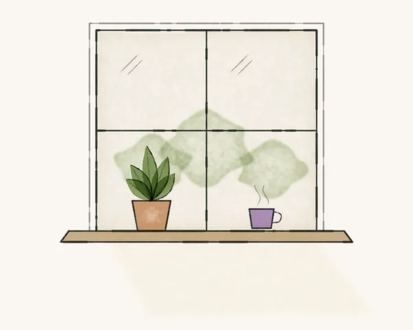 Watercolor of a sunlit window with a plant and a cup on the sill