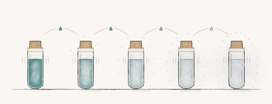 Watercolor of five glass vials, each lighter than the last, with a drop passing between them