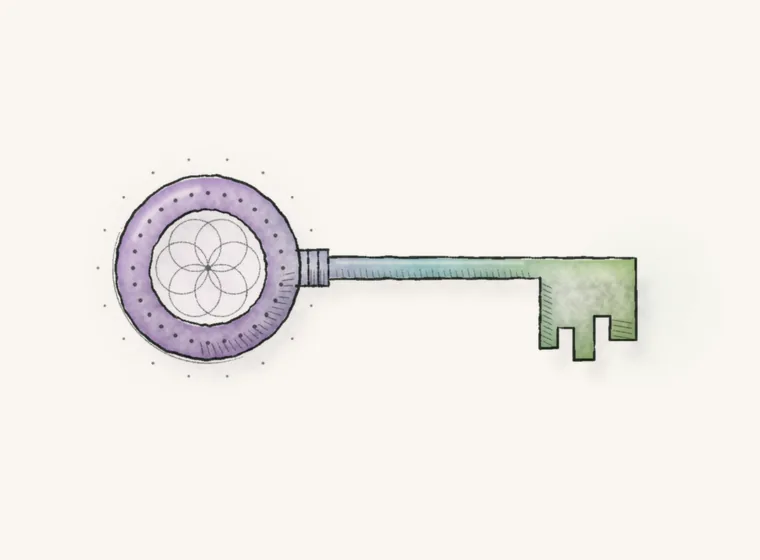 Watercolor of an antique key whose bow is a fine mandala