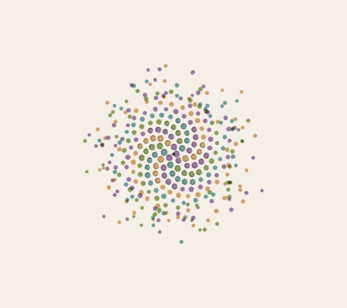 Watercolor of scattered coloured seeds settling into an ordered spiral