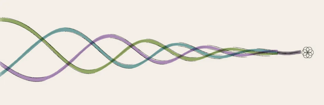 Watercolor of three coloured threads braiding together into one