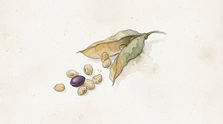 Watercolor of a split seed pod with scattered pale seeds and one deep plum seed among them