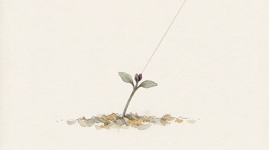 Watercolor of a young seedling leaning slightly from the soil, with a faint pencil line extending its angle upward