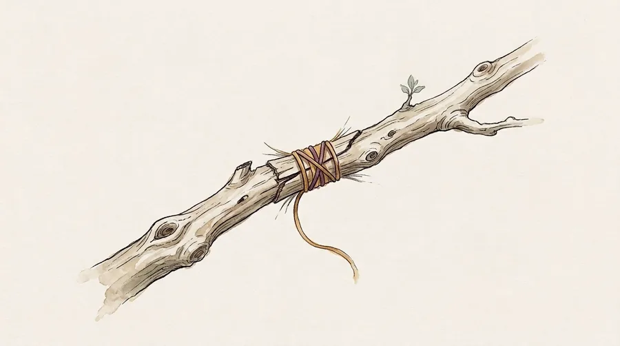 A broken branch bound with cord